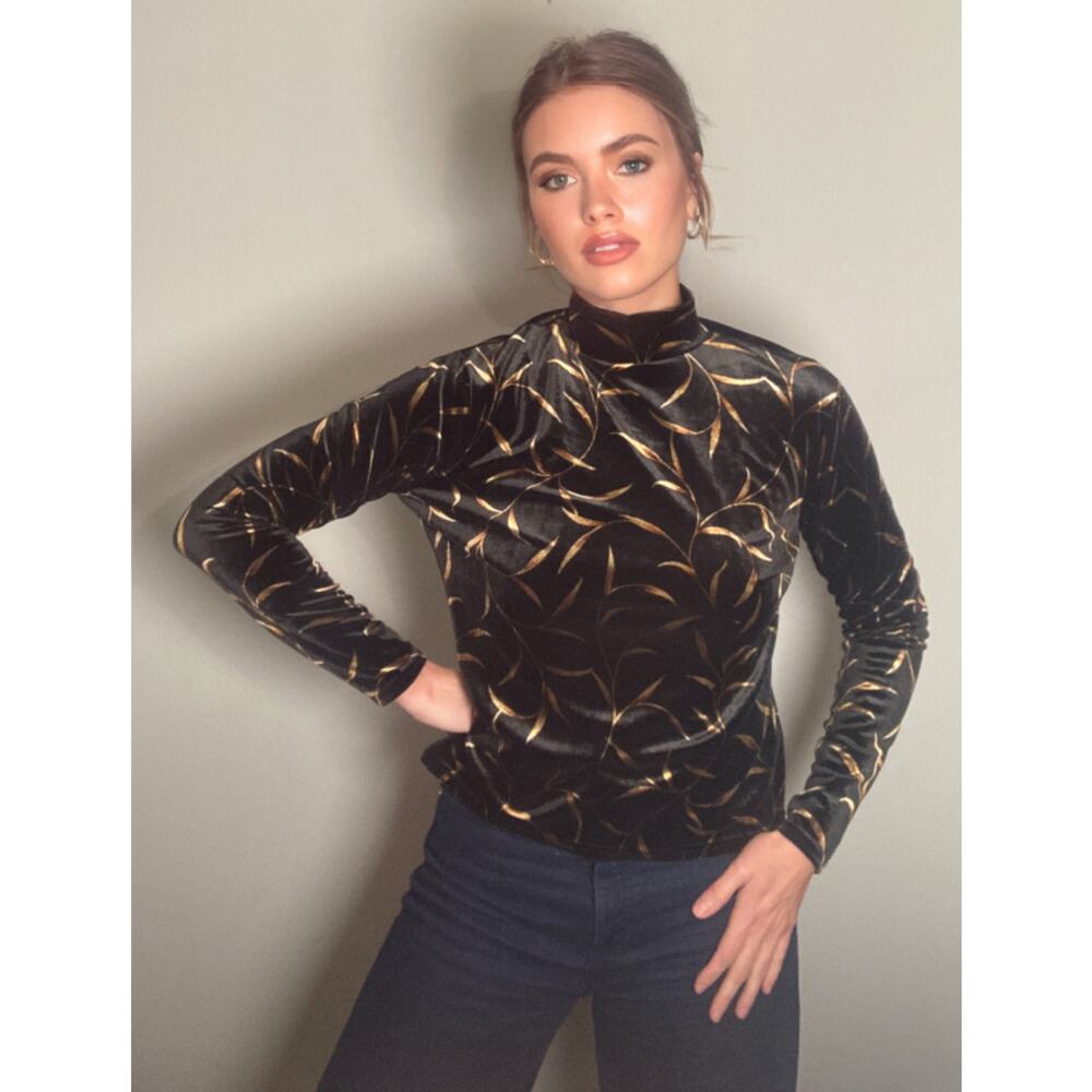Carlisle Vintage 90s Velvet Black & Gold Top Stretch Mock Neck ~ Sz XXL Fits L